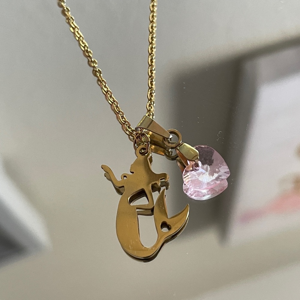 Gold Mermaid Pendant Necklace with Pink Heart Charm